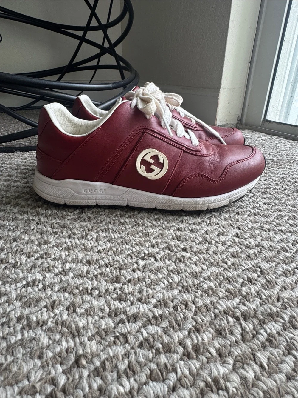 Gucci Men’s Burgundy Leather Sneakers with White Accents